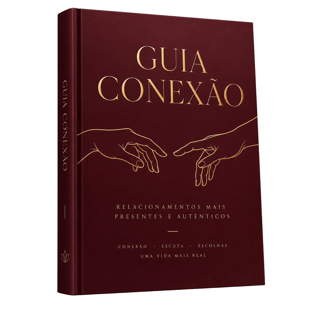 Mockup do workbook Guia Conexão, capa vinho com detalhes dourados